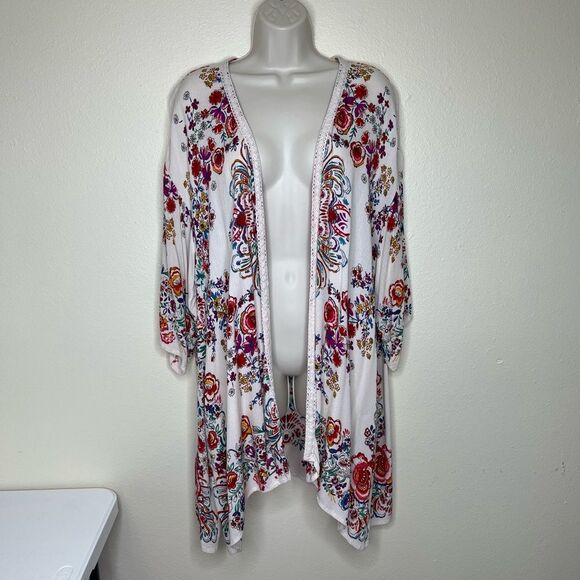 Bila Floral Open Front Cardigan Kimono Cream Boho Crinkle Rayon Women Size M/L - Picture 12 of 12